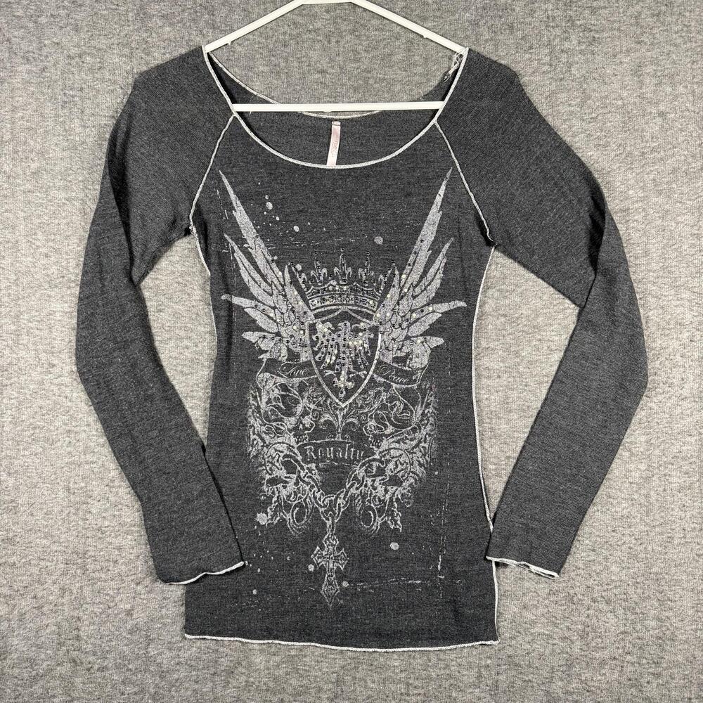 rue21 Womens Y2K Skull Crown Rhinestone Thermal Long Sleeve Shirt Gray